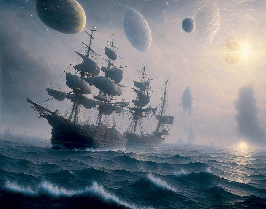 Sailing ships on tumultuous sea with looming fantastical planets