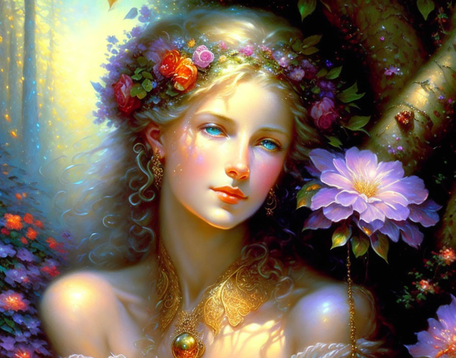 Digital art portrait of woman with floral crown, fair skin, blue eyes, and golden hair in flower