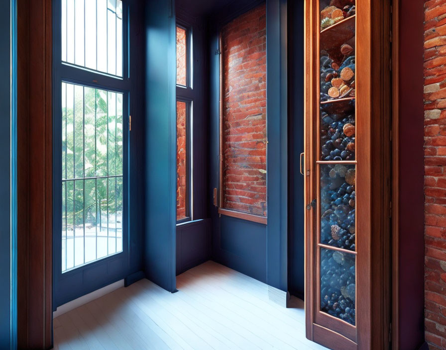 Blue door, brick walls, wooden shelves: Wine cellar interior with bottles and window