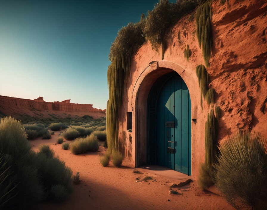 Blue door in sunlit desert landscape with terracotta wall.