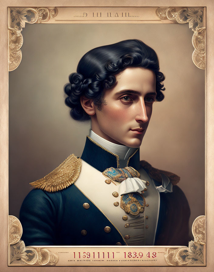 Historical military attire portrait with ornate decorations and vintage border.