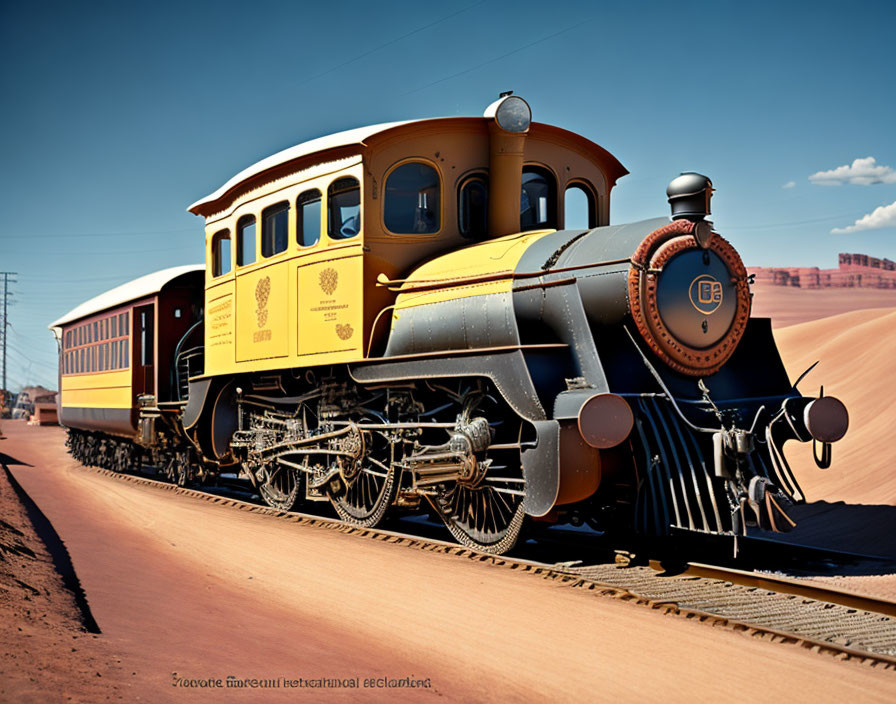 Vintage steam locomotive and passenger cars in desert landscape