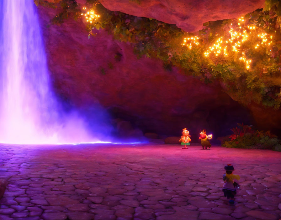 Colorful Cave with Purple Walls, Golden Lights, Blue Waterfall, and Three Figures