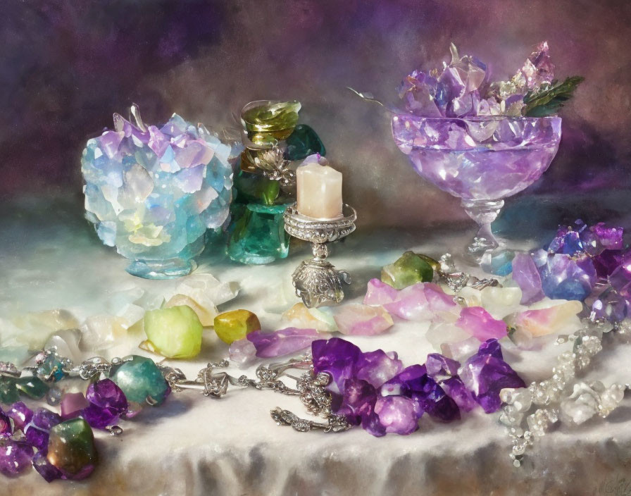 Colorful Crystals, Lit Candle, Pearls & Gemstones on Draped Fabric