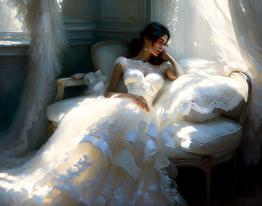 Elegant woman in white dress on sofa under soft light