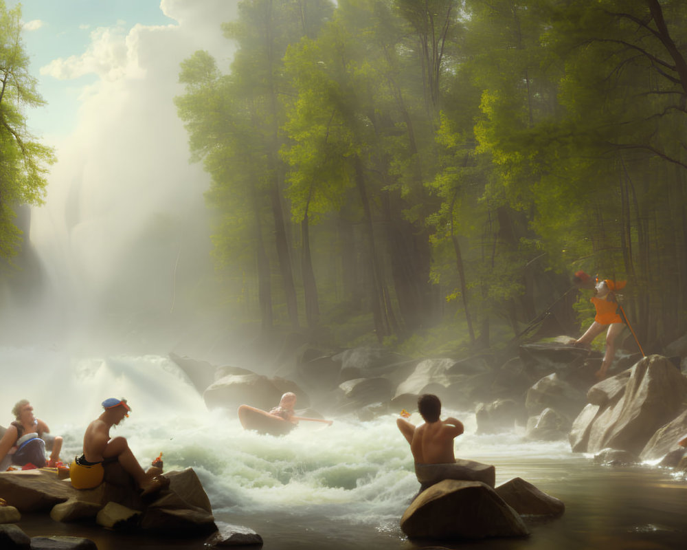 Tranquil waterfall scene with mist, lush trees, and people relaxing in summer attire