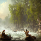 Tranquil waterfall scene with mist, lush trees, and people relaxing in summer attire