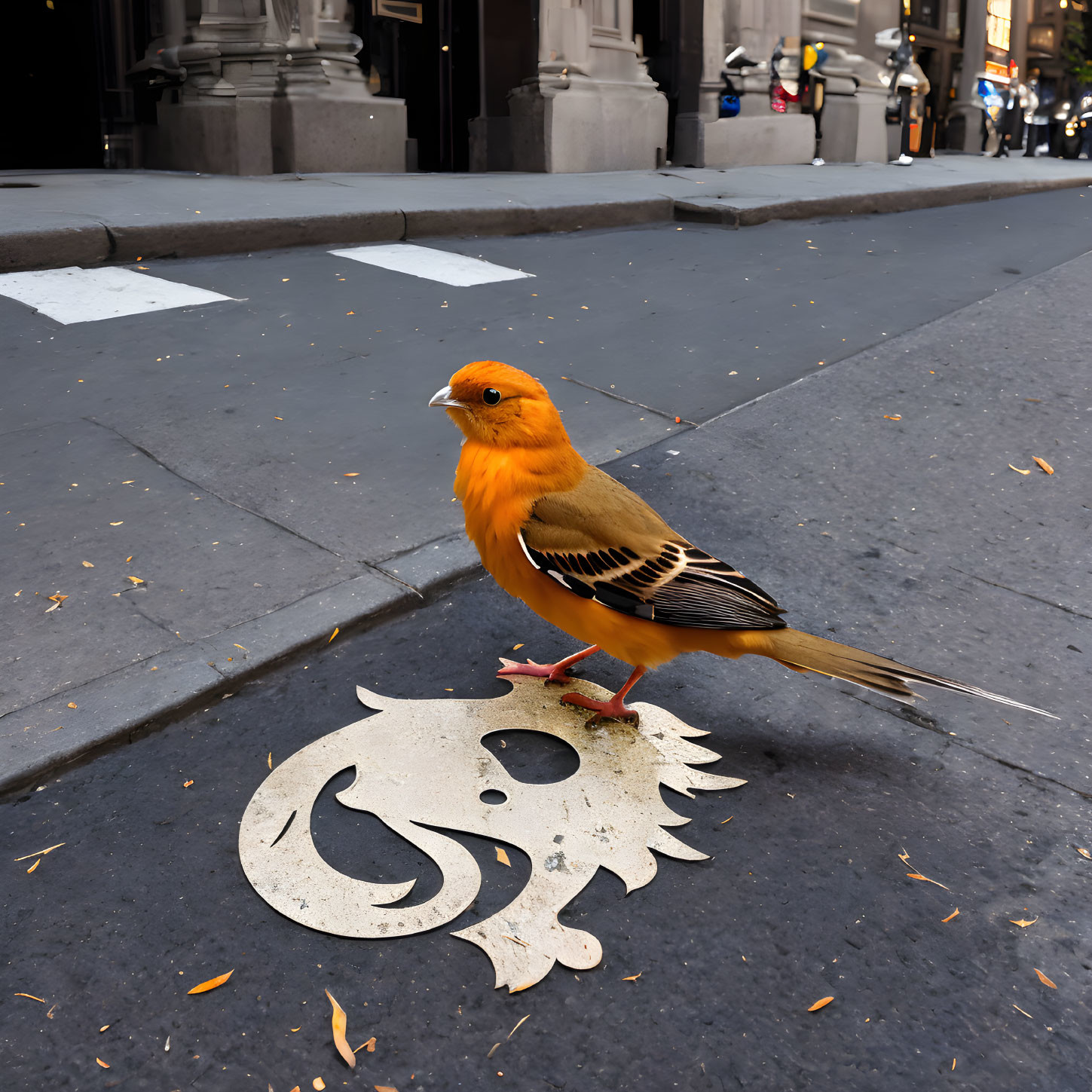 Vibrant canary yellow bird next to fish stencil on city sidewalk