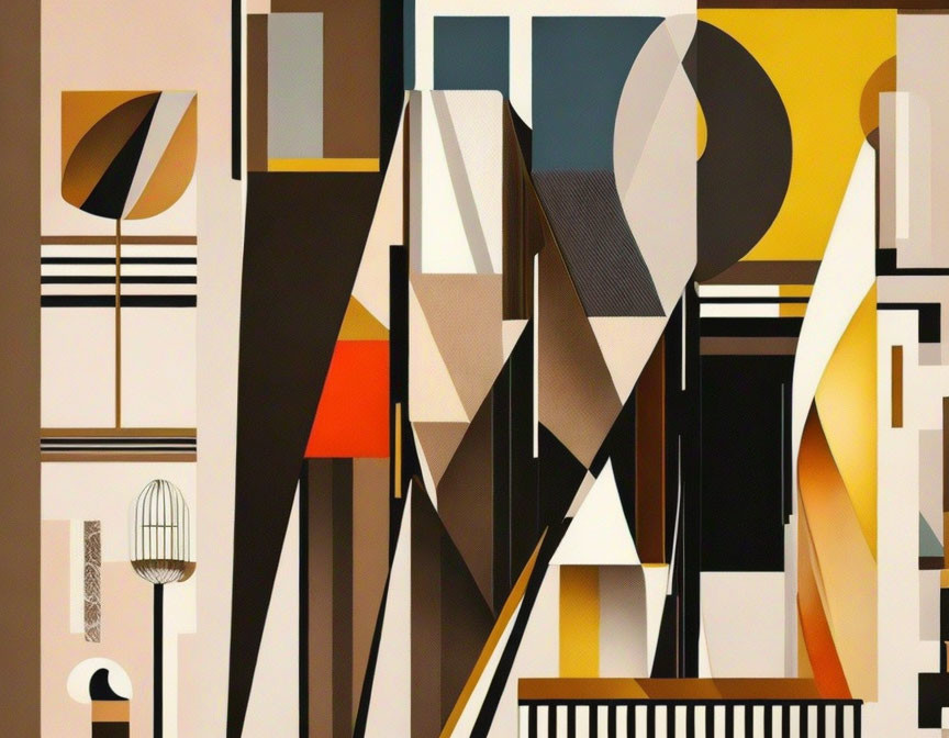 Earth-toned abstract geometric shapes and lines with architectural inspiration and a mix of curves and straight lines.