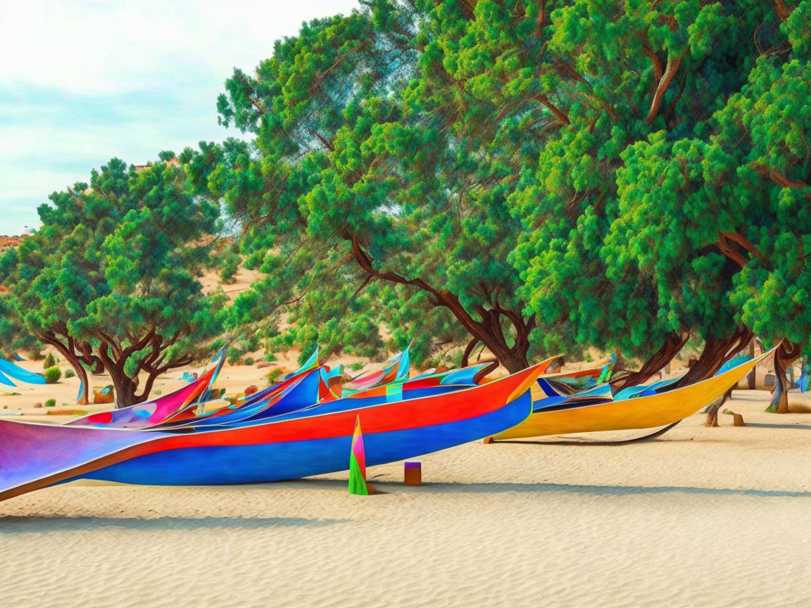 Vibrant hammocks on sandy beach under clear sky