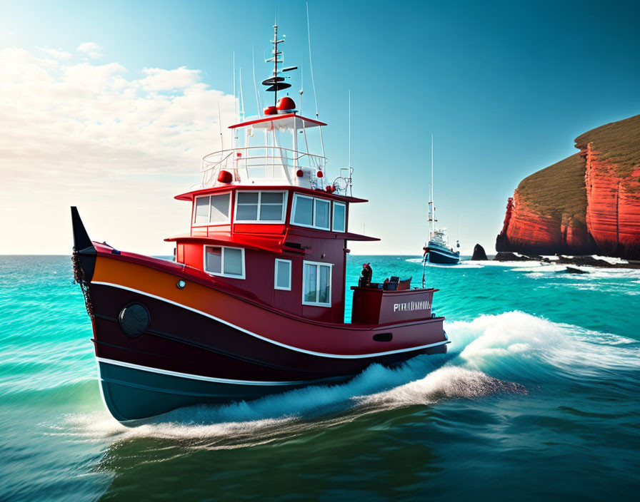 Red boat sailing near red cliff coastline on clear blue waters