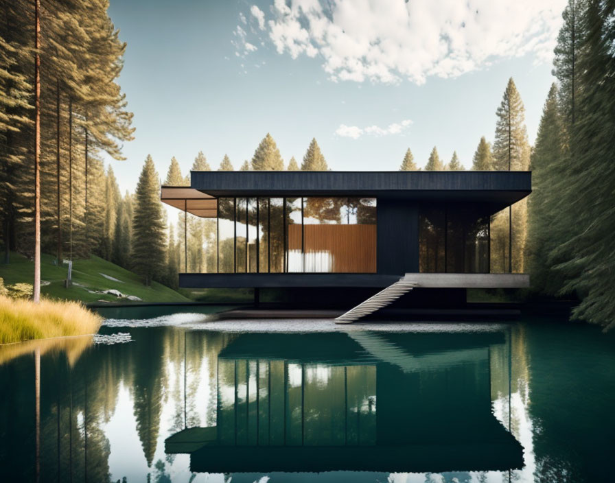 Contemporary house with glass walls, flat roof, wooden front panel, nestled in nature.