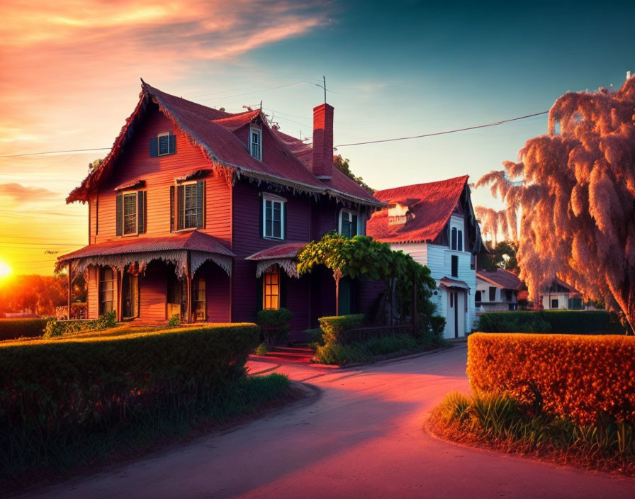 Red house at sunset with lush greenery and white plant