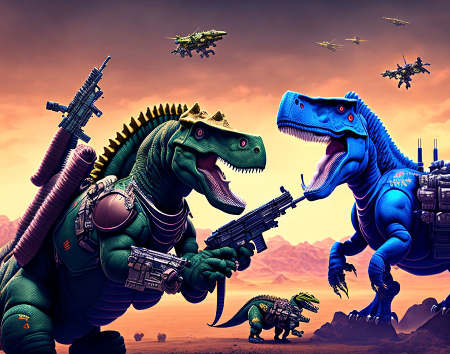 Anthropomorphized dinosaurs in armed standoff on alien landscape