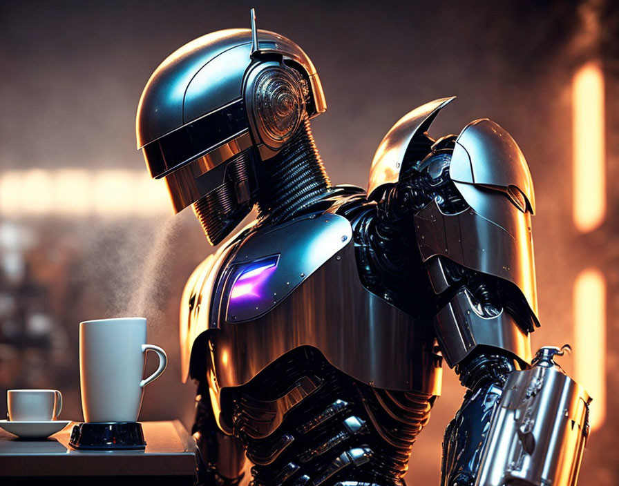 Futuristic robot enjoying coffee in cozy ambiance