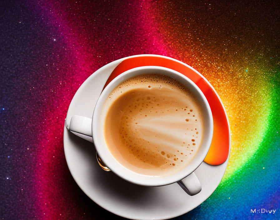 Coffee cup with froth on saucer against colorful galaxy backdrop.