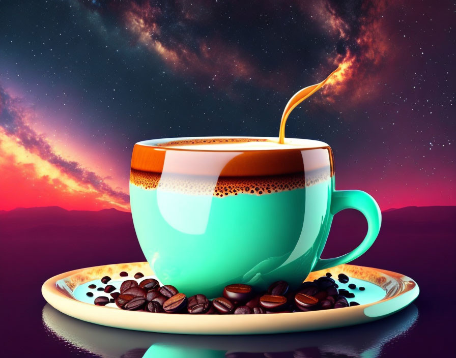 Teal coffee cup with beans on cosmic sky background