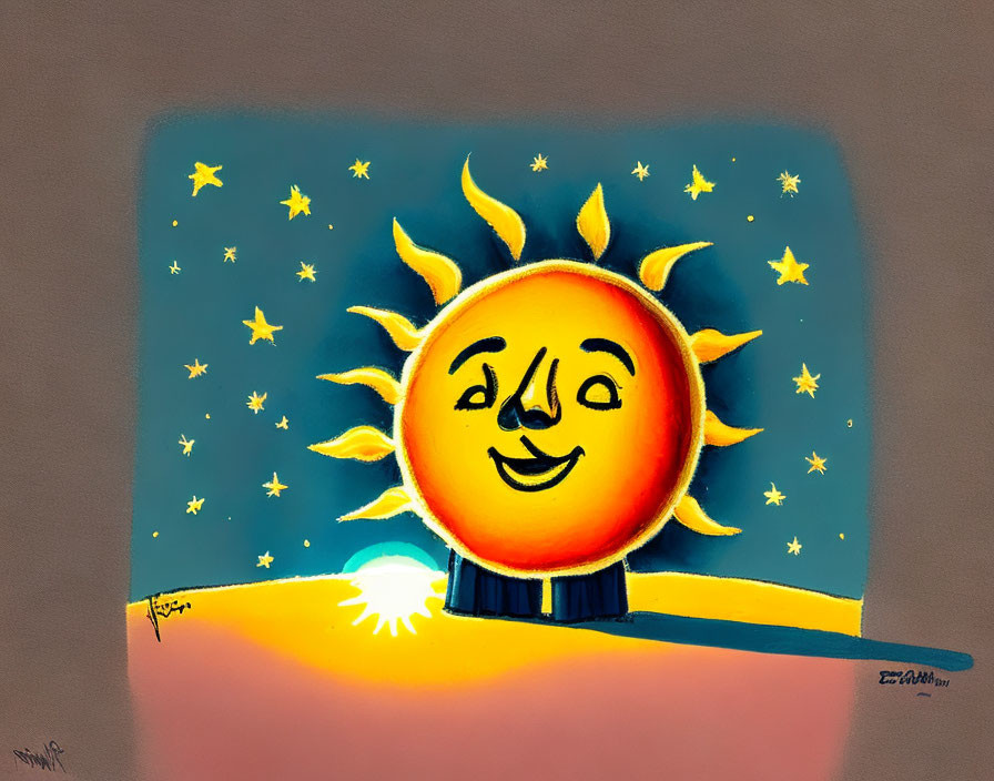 Smiling sun illustration with stars on brown background