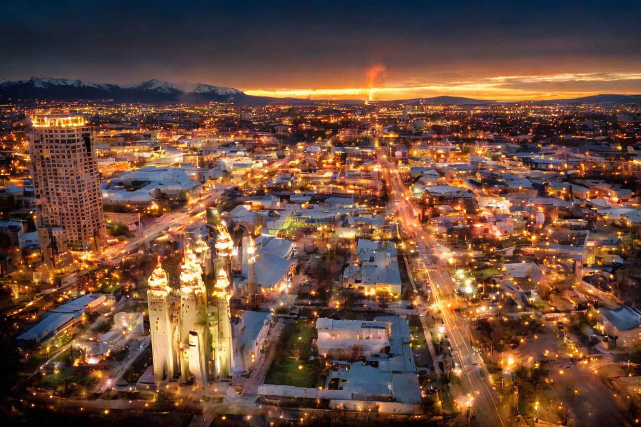 Cityscape at Twilight: Illuminated Streets, Church, and Mountains