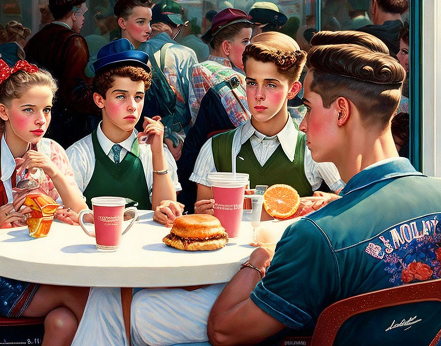 Four youths in retro attire at a diner, one boy looking away as a girl gazes at him