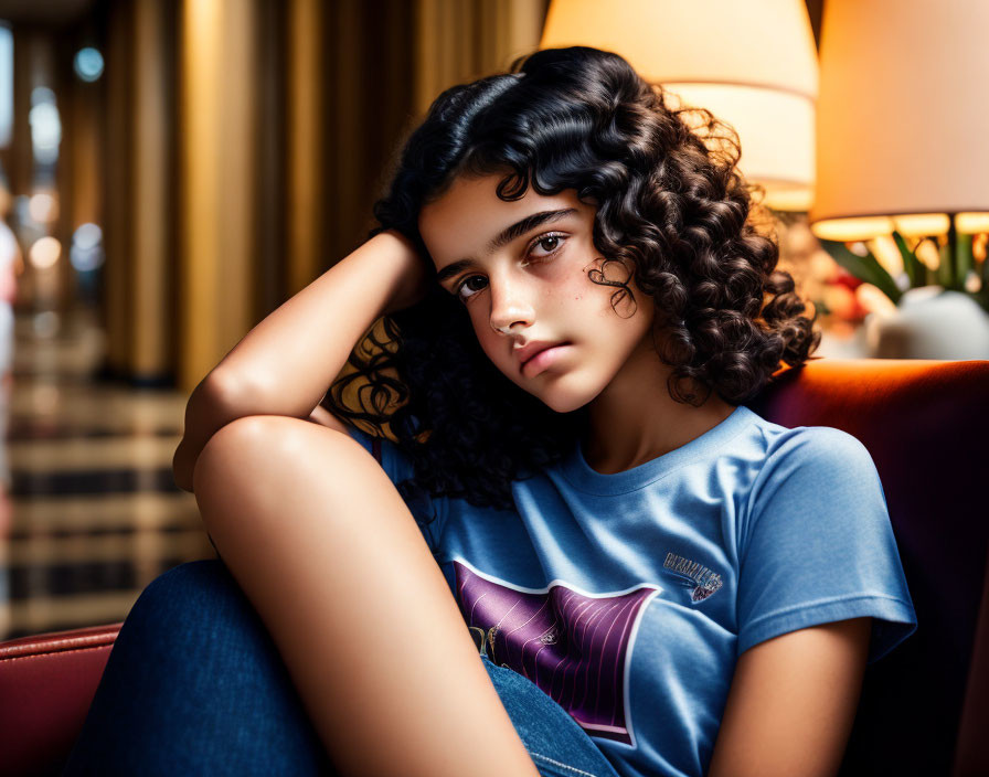 Curly-Haired Person in Blue Shirt and Jeans Sitting Pensively in Warmly Lit Room