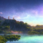 Two figures on lush cliff by tranquil lake under starry sky