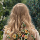 Blonde person with wildflowers in hair against white shrubs