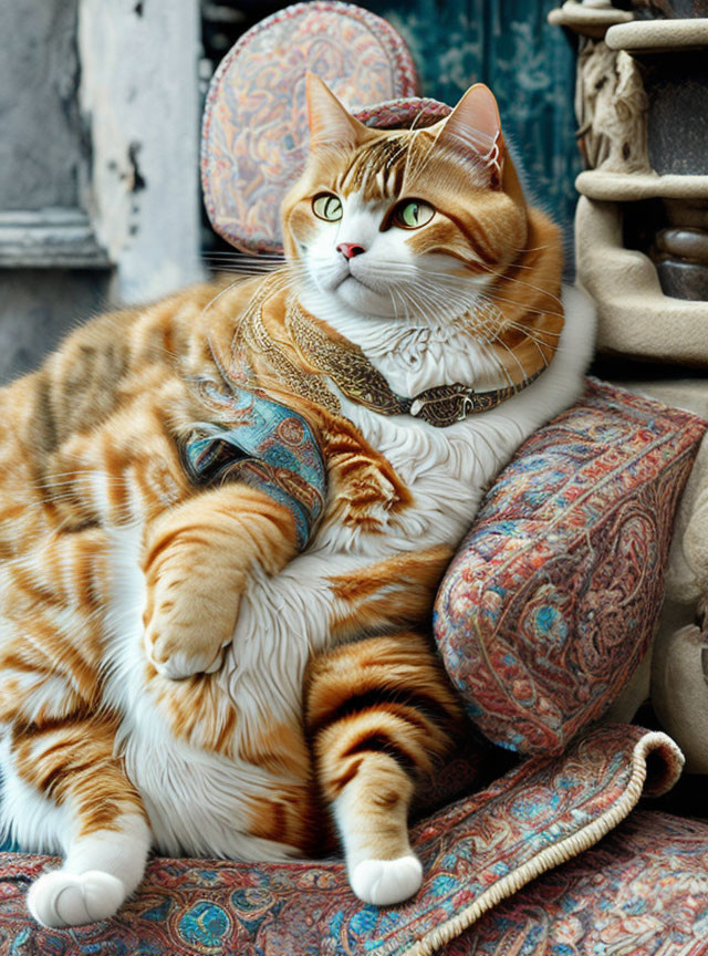 Orange and White Cat Relaxing on Patterned Cushions with Ornate Accessories