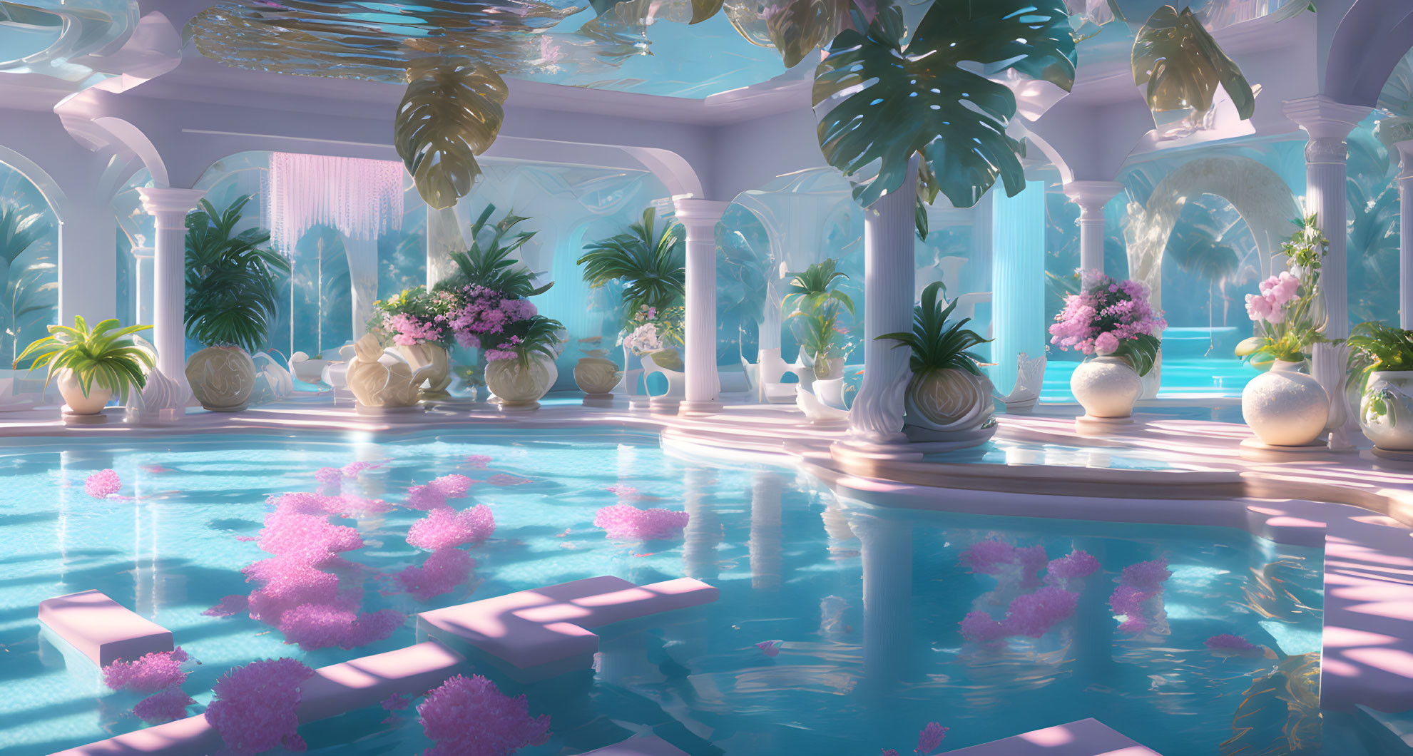 Indoor Pool with Roman Architecture and Tropical Plants