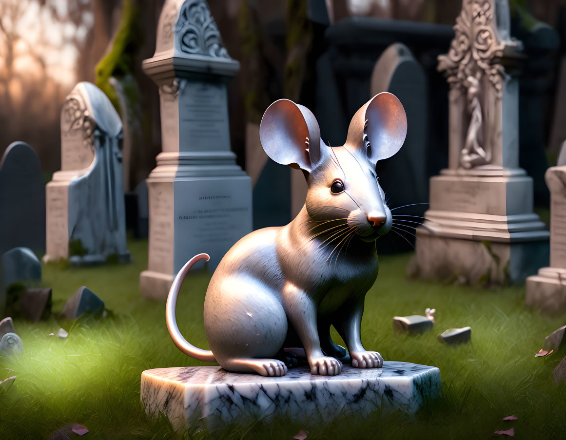 Realistic mouse illustration on stone in cemetery