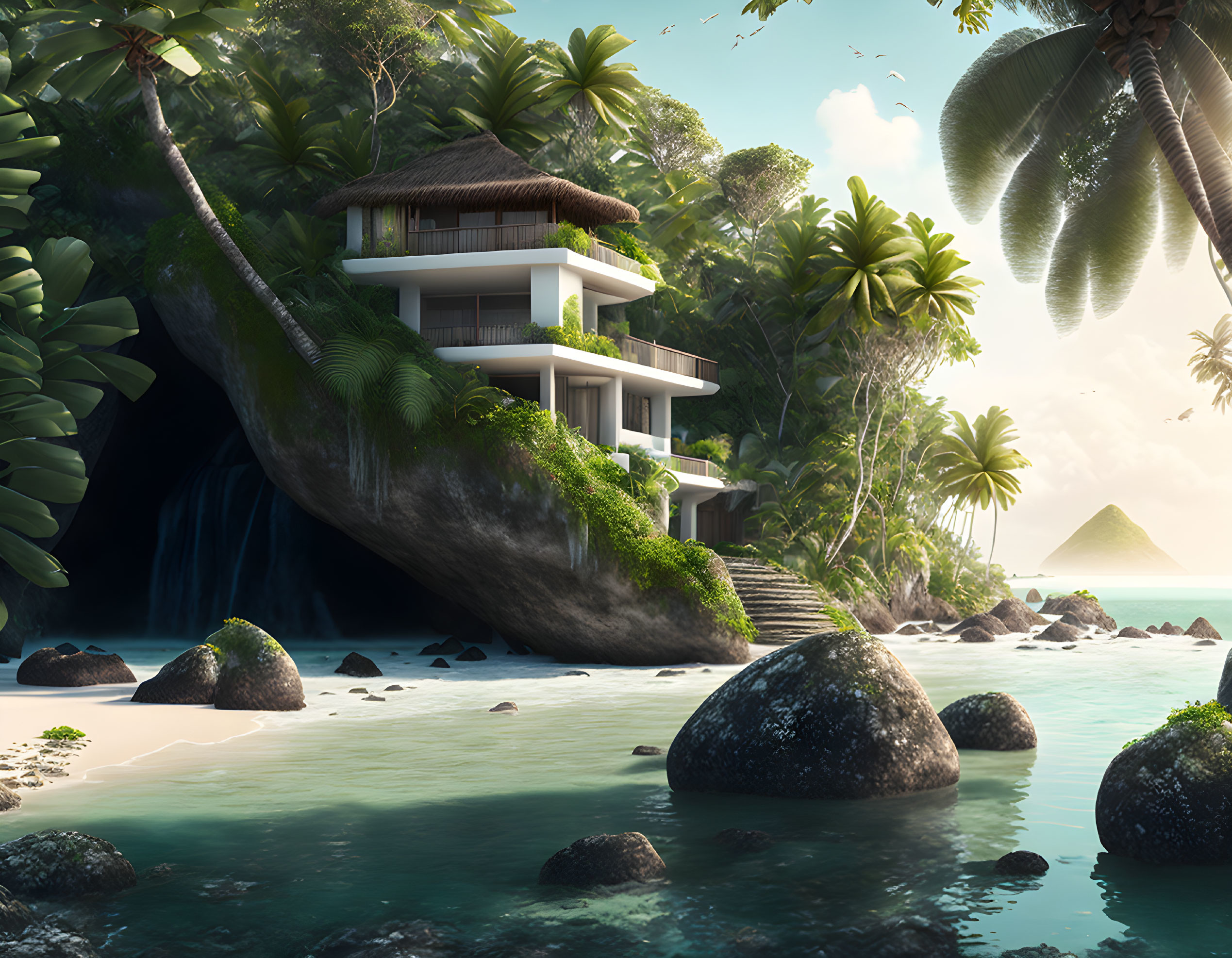 Luxurious modern house on tropical cliff with beach, waterfall, ocean view