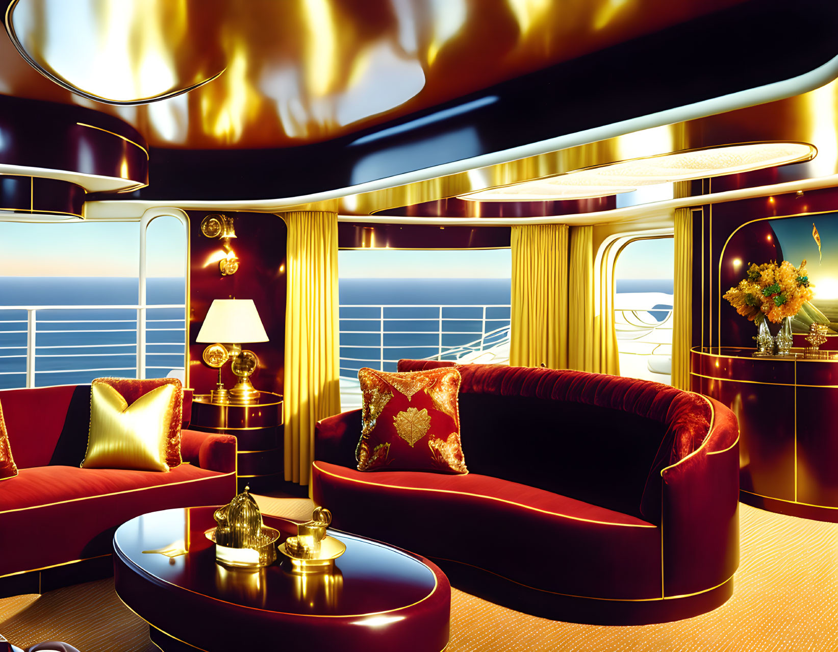 Luxurious Yacht Interior: Red Sofas, Golden Accents, Circular Windows