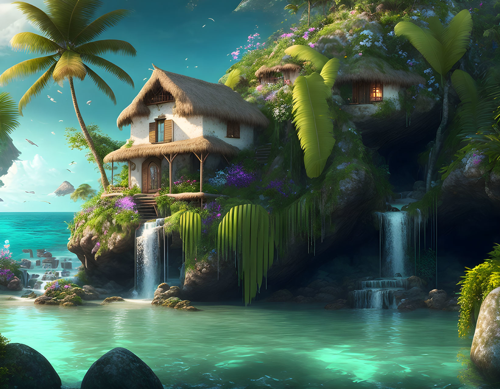 Tropical Thatched Cottages on Green Cliffs with Waterfalls