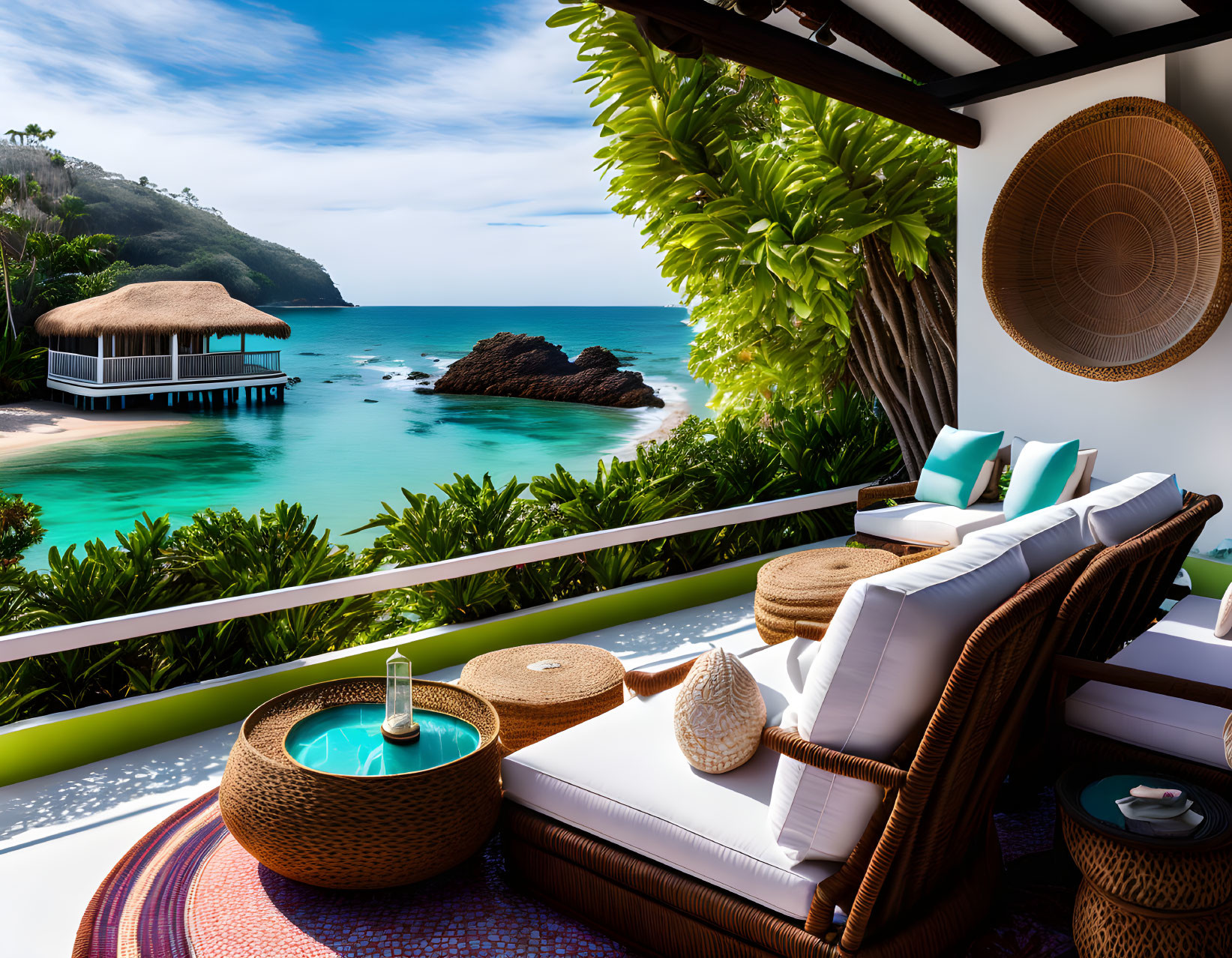 Plush Sofa, Wicker Furniture, Vibrant Cushions on Seaside Balcony