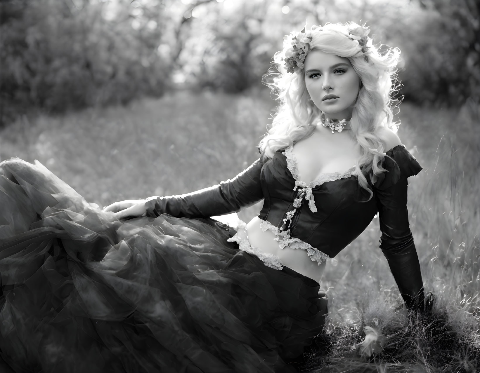 Monochrome portrait of woman in vintage gown with floral headpiece