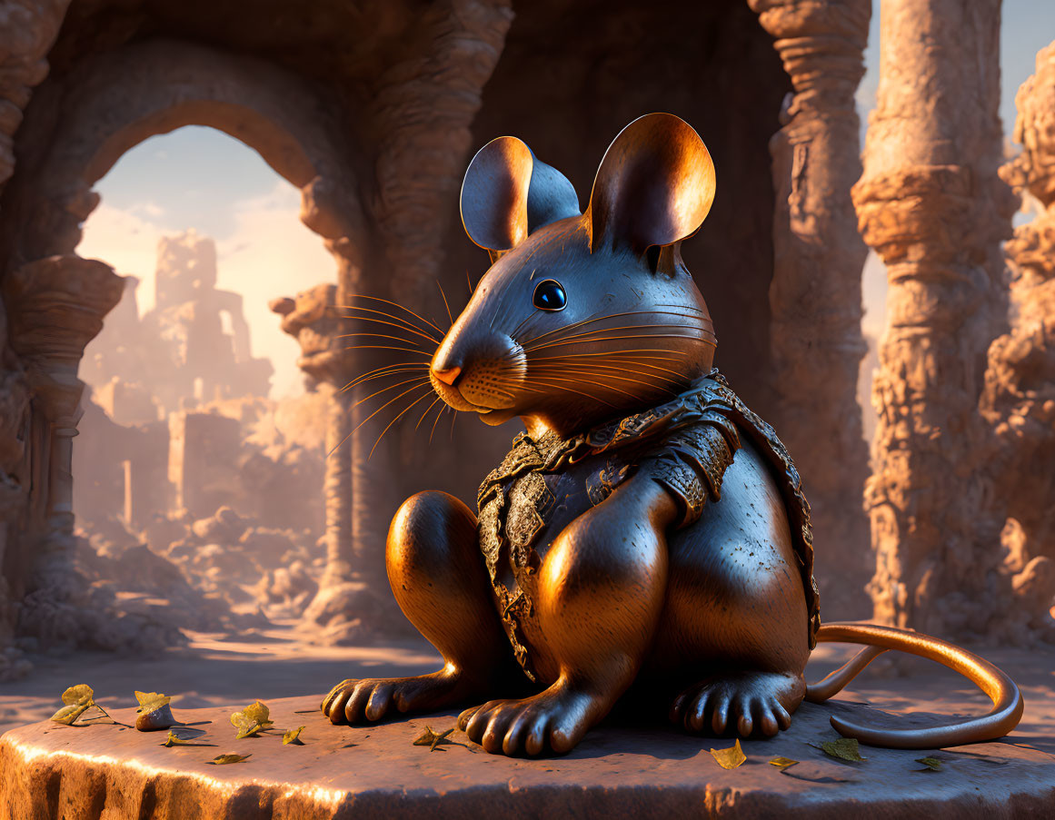 Warrior-like animated mouse in ancient ruins under sunlit sky