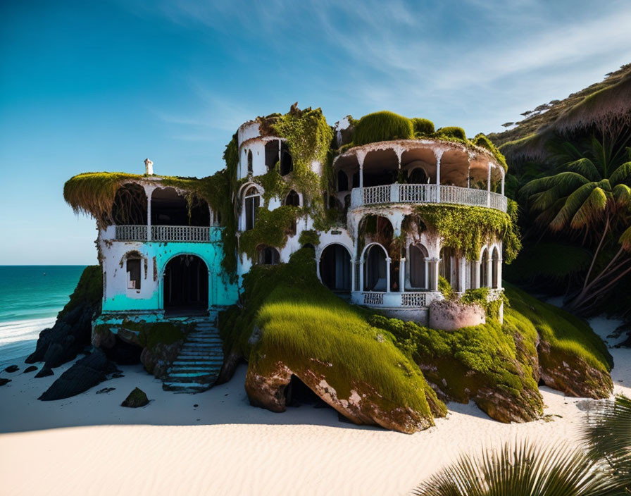 Whimsical beachfront house with green overgrowth and ornate white balconies surrounded by lush palm