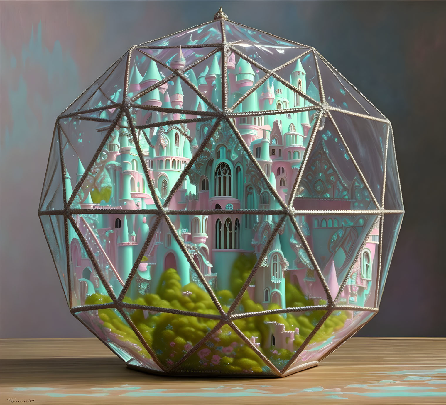 Intricate fantasy castle in geometric dodecahedron on wood surface