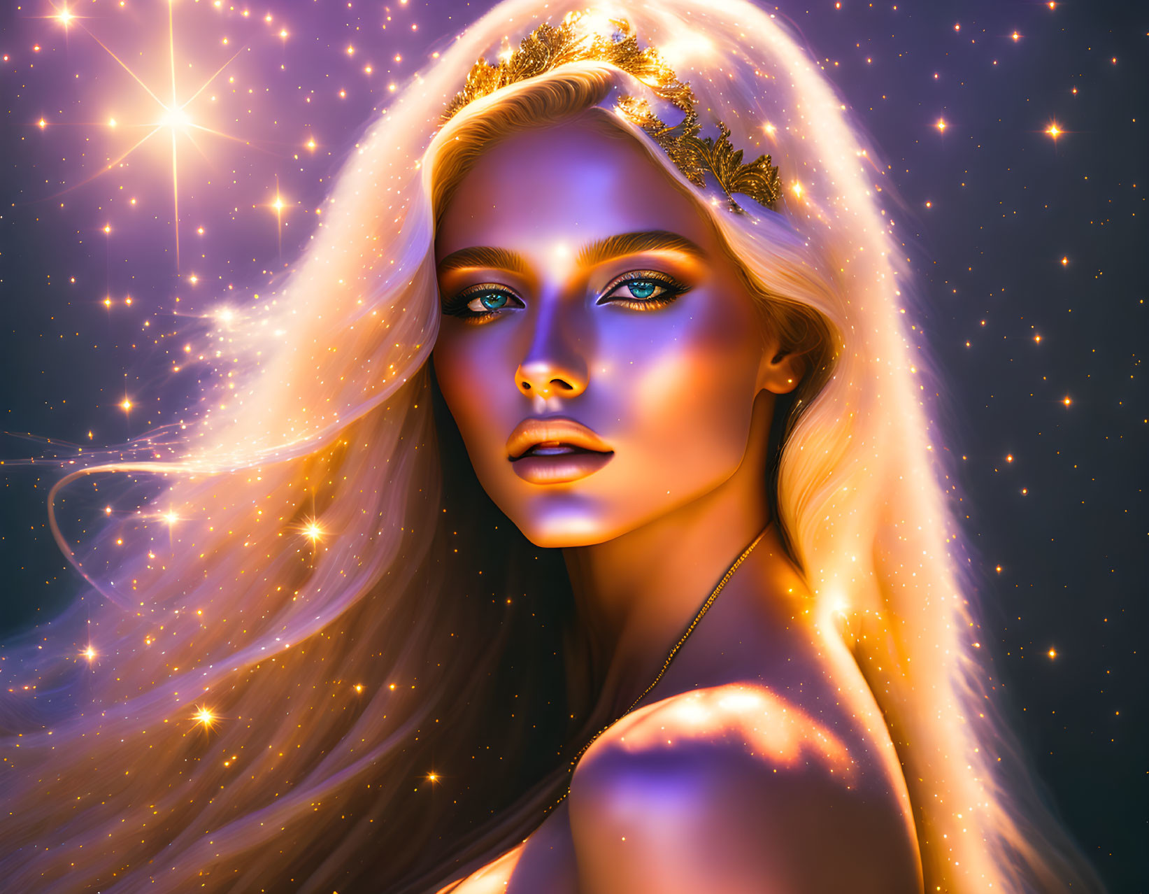 Ethereal woman with glowing hair and golden crown on starry backdrop