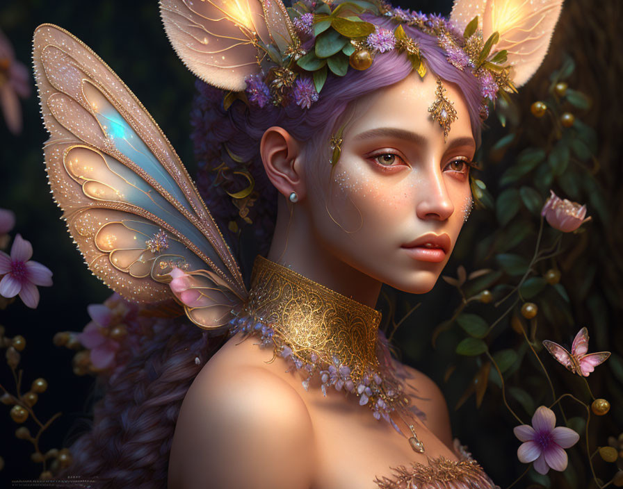 Mythical fairy digital artwork with delicate wings and floral jewelry