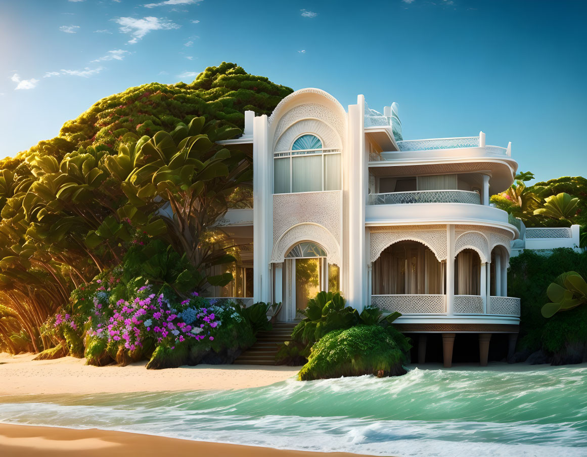 Luxurious Beachfront House with Arched Windows and Balconies