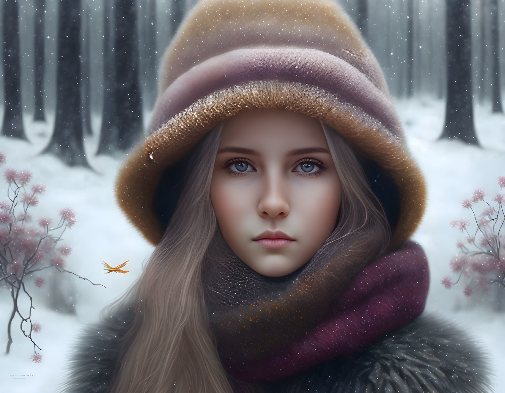 Young woman in winter attire surrounded by snowy forest and flowers