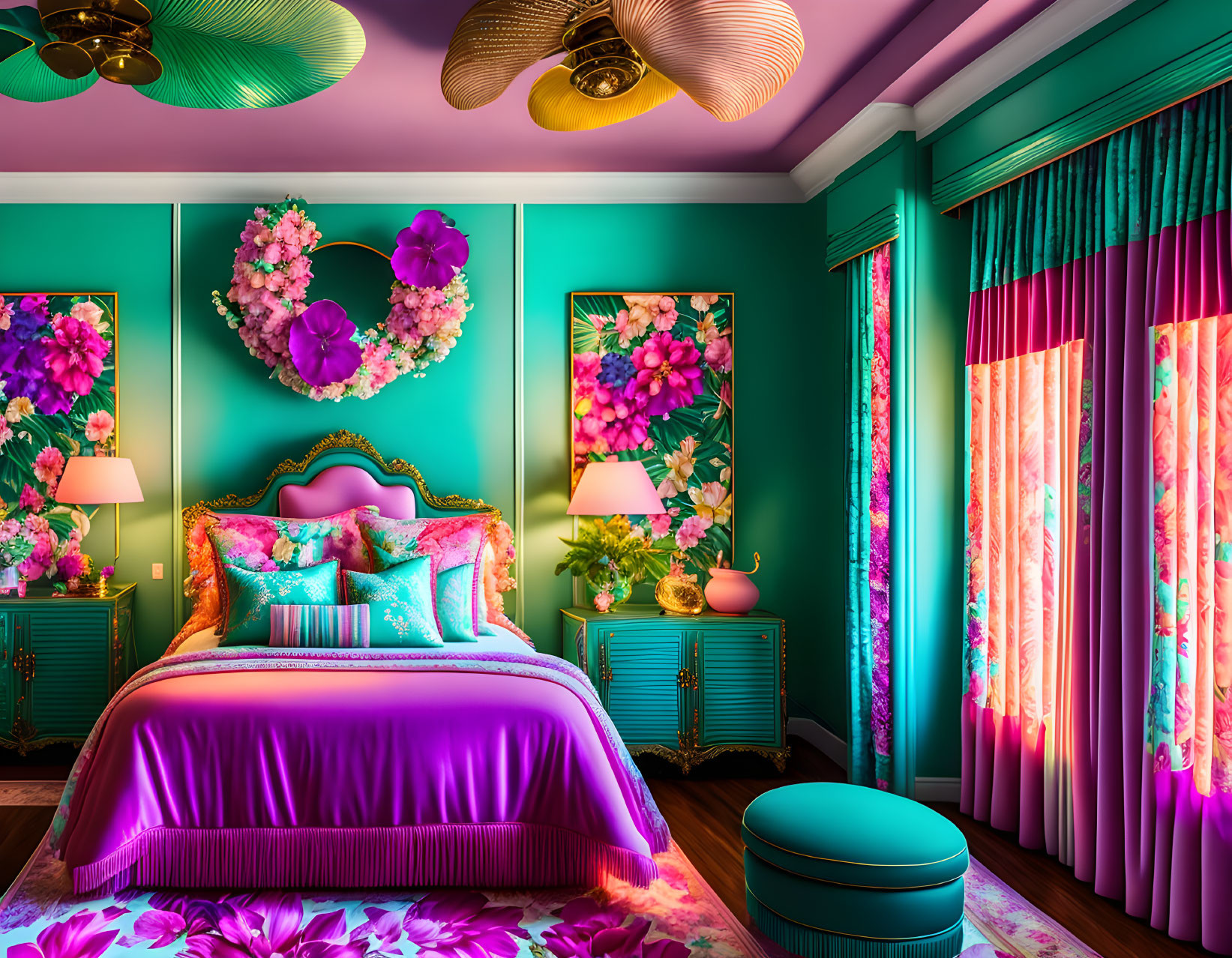 Colorful Bedroom Decor with Teal Walls and Pink Bed