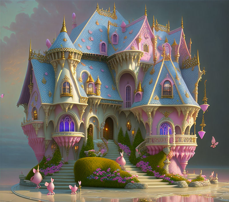 Fantasy Castle with Blue and Pink Pastel Tones and Golden Accents