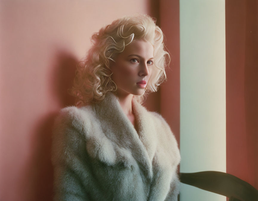 Blonde woman in fur coat against pastel wall exudes elegance