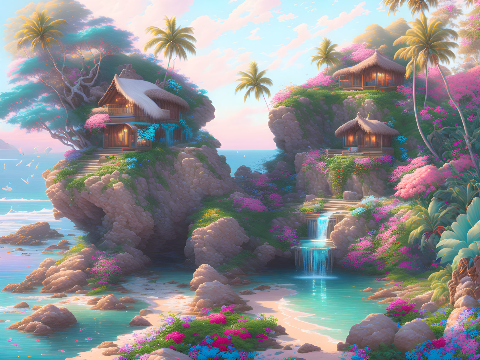 Tranquil tropical scene with thatched cottages, waterfalls, pink flora, and serene ocean