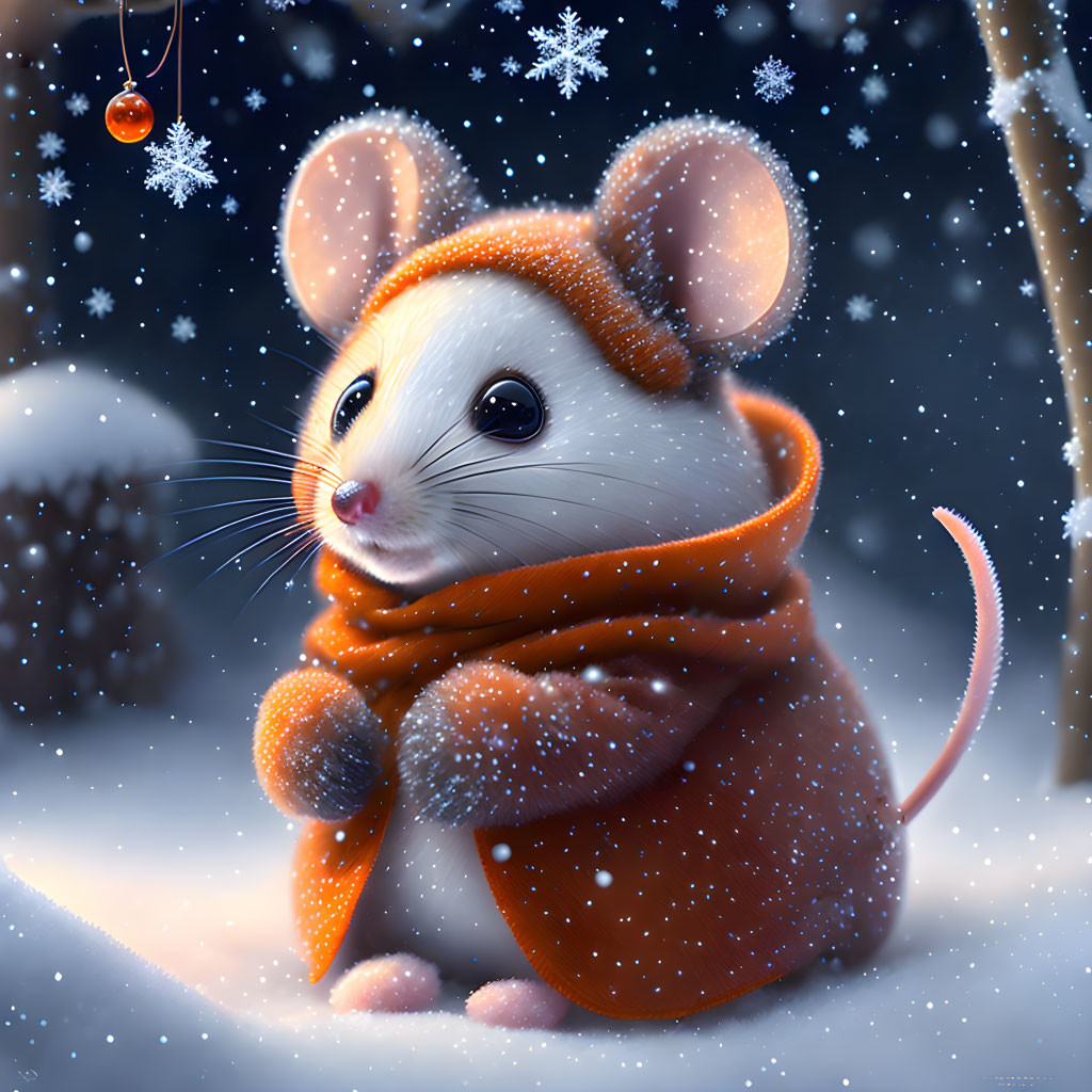 Illustration of mouse in orange scarf in snowfall with red ornament.