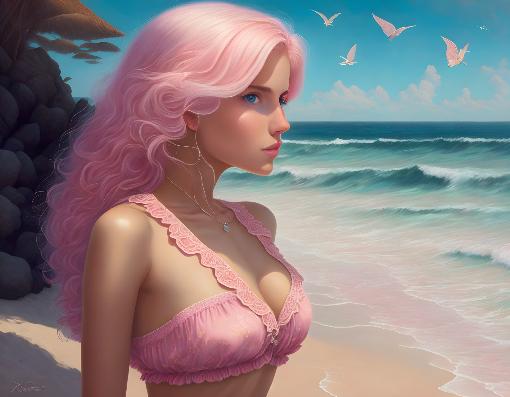 Digital artwork of woman with pink hair on beach with seagulls and crashing waves