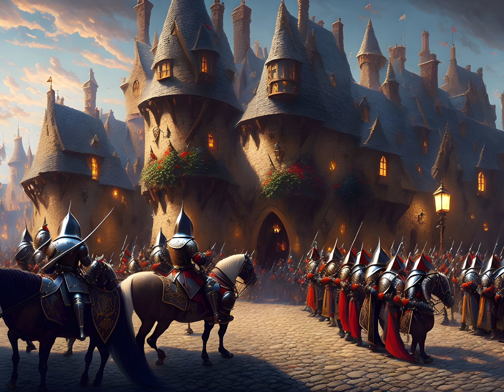 Medieval fantasy scene: Knights on horseback outside fortified castle at dusk