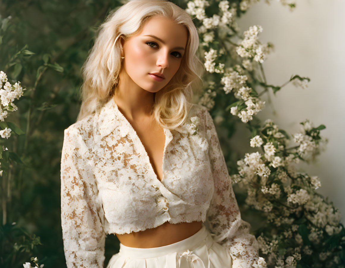 Blonde Woman in White Lace Top Among White Blossoming Flowers